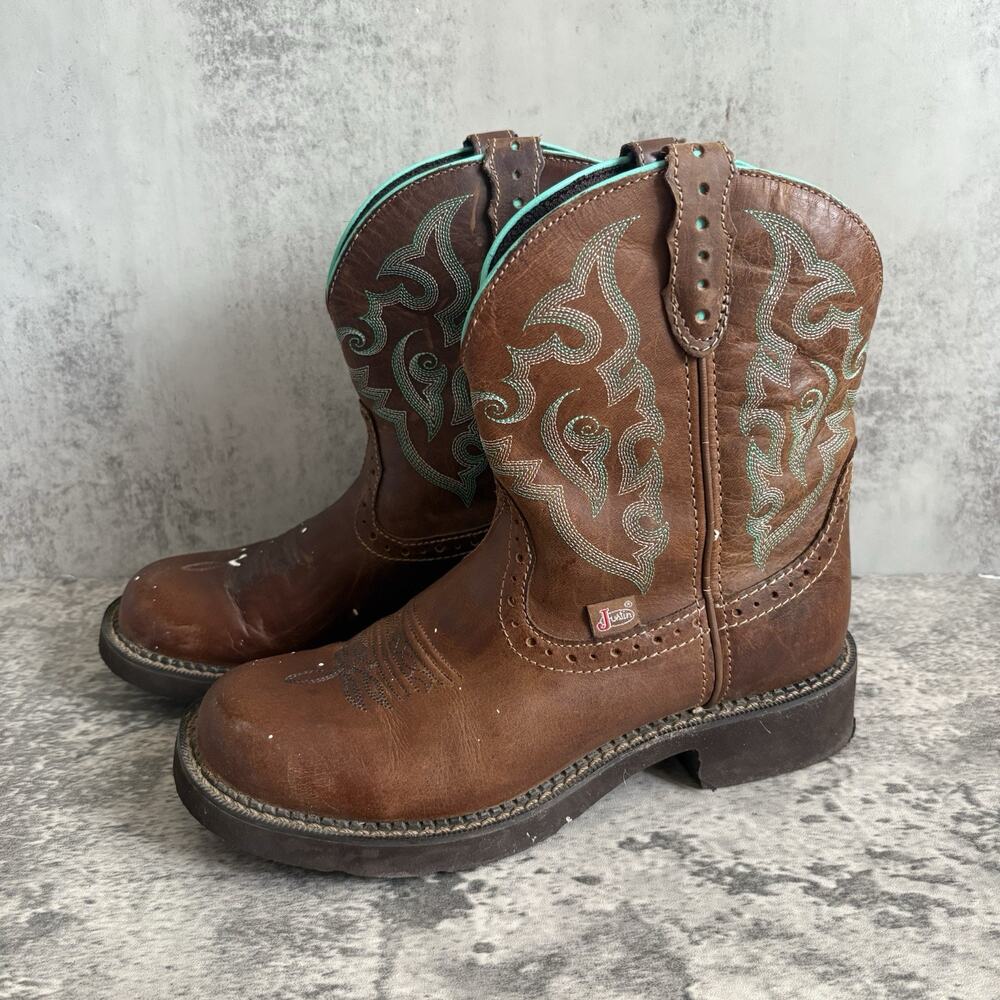 Justin Gypsy L9606 Brown Leather Western Boots Teal Embroidery Women's 9B PAINT*